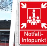 Unter anderem am Feuerwehrhaus in Selm findet sich jetzt ein großes rotes Notfallinfo-Schild.
