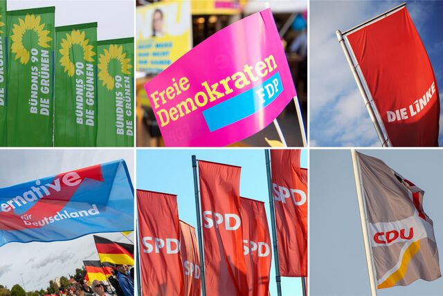 Fahnen der Parteien Bündnis 90/Die Grünen (oben l-r), FDP, Die Linke, AfD (unten l-r), SPD und CDU.
