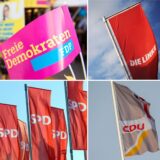 Fahnen der Parteien Bündnis 90/Die Grünen (oben l-r), FDP, Die Linke, AfD (unten l-r), SPD und CDU.