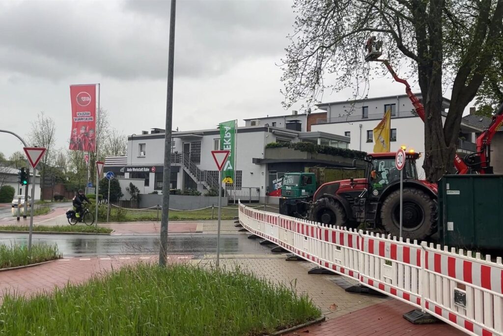 Die Zufahrt von der Viktoria- zur Friedrich-Ebert-Straße wurde im Zuge der Fällarbeiten gesperrt. Im Hintergrund ist der Kfz-Betrieb Rabe zu sehen: unerreichbar Die Zufahrt von der Viktoria- zur Friedrich-Ebert-Straße wurde im Zuge der Fällarbeiten gesperrt. Im Hintergrund ist der Kfz-Betrieb Rabe zu sehen: unerreichbar