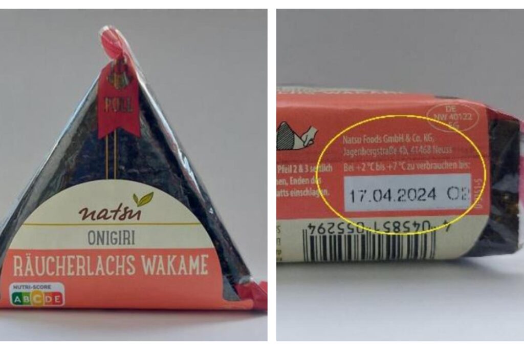 Eine Collage: Links ist ein Onigiri von Natsu zu sehen, für das es eine Rückrufaktion gibt. Rechts ist das Mindesthaltbarkeitsdatum auf der Unterseite der Verpackung in einem gelben Kreis markiert. Eine Collage: Links ist ein Onigiri von Natsu zu sehen, für das es eine Rückrufaktion gibt. Rechts ist das Mindesthaltbarkeitsdatum auf der Unterseite der Verpackung in einem gelben Kreis markiert.