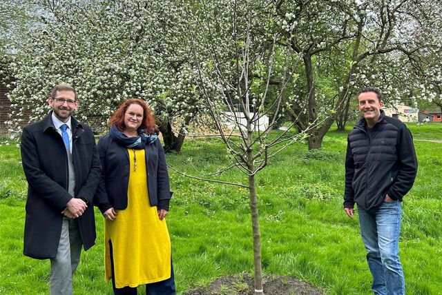 Erster Beigeordneter Sandro Wiggerich, Umweltausschuss-Vorsitzende Simone Hackenberg und Kurpark-Kümmerer Michael Witthüser an einem frisch gepflanzten Apfelbaum auf der Streuobstwiese im Kurpark Königsborn.