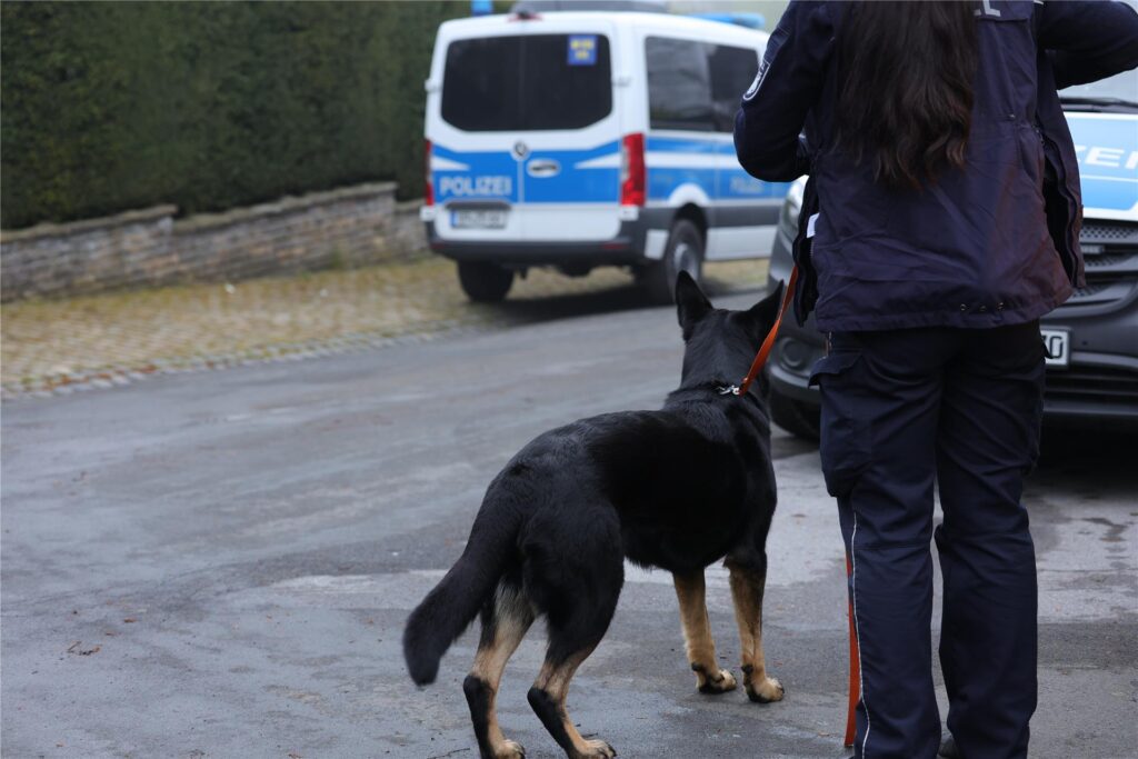 Polizeibeamter mit Hund steht in der Nähe eines Gebäudes, das durchsucht wird. Polizeibeamter mit Hund steht in der Nähe eines Gebäudes, das durchsucht wird.