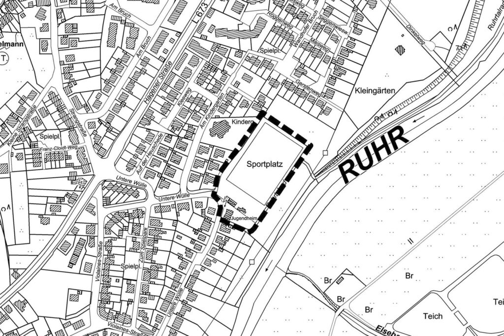 Ein Plan zeigt den Sportplatz in Schwerte-Wandhofen, auf dem künftig Wohnhäuser entstehen sollen.
