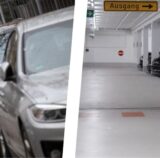 Auf dem linken Bild der Montage stehen zahlreiche parkende Autos an der Straße. Während auf der rechten die Autos in Reih und Glied in einer Tiefgarage parken.