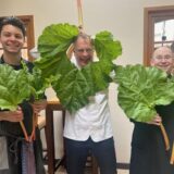 Sauer macht lustig, wie man sieht. Koch Günther Overkamp, Barchef Joachim Schady (rechts) und Koch Sebastian Lameda (rechts) haben den schönsten jungen Rhabarber ausgesucht, um ein feines Gemüse daraus zu kochen. Denn Rhabarber ist gar kein Obst.