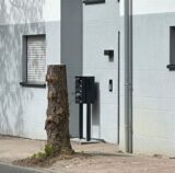 Ein gefällter Baum vor einem Haus.