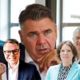 Landrat Marion Löhr (im Hintergrund) und seine Dezernentenriege (v. l.): Torsten Göpfert (Arbeit, Soziales, Familie, Jugend), Kreisdirektor und allgemeiner Stellvertreter des Landrats Mike-Sebastian Janke (Kultur sowie Kämmerei), Professor Dr. Katrin Gutzeit (Gesundheit sowie Schule und Bildung), Holger Gutzeit (Zentrale Ausländerbehörde, Zuwanderung und Integration, Straßenverkehr, Bevölkerungsschutz, Veterinärwesen und Lebensmittelüberwachung) und Adrian Kersting (Bauen und Planen)