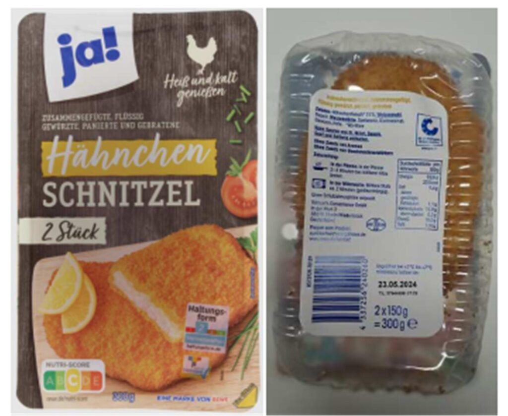 Die Vorder- und Rückseite der Verpackung der Hähnchenschnitzel von Rewe, für die es eine Rückrufaktion gibt. Die Vorder- und Rückseite der Verpackung der Hähnchenschnitzel von Rewe, für die es eine Rückrufaktion gibt.