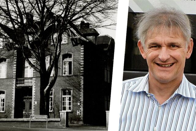 Eine Montage zeigt links eine historische Aufnahme der Buche vor der früheren Katahrinen Schule in Unna – und rechts den ehemaligen Landrad des Kreis Unna Michael Makiolla.