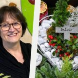 Eine Collage: rechts ein Herz aus weißen Steinen auf einem Grab. In der Mitte liegt ein Kreuz mit der Aufschrift: In Liebe. Links das Porträt von Anna Pein.
