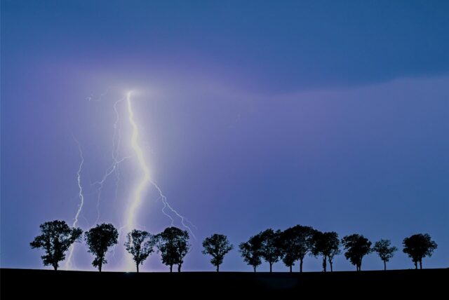 Blitzeinschlag in freier Landschaft mit Bäumen