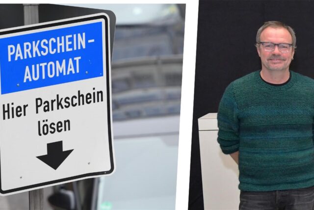 Parkscheinautomat und Reiner Hohl, Fraktionssprecher der Grünen in Lünen