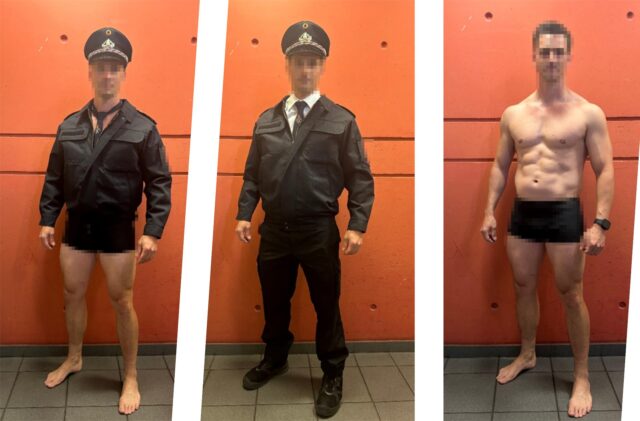 Vier verpixelte Männer mit Teilen einer Feuerwehruniform.