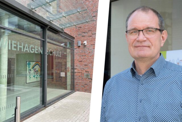 Montage: Links: Die Wiehagenschule in Werne; rechts: Frank Gründken, Dezernent für Bildung, Kultur und Sport.