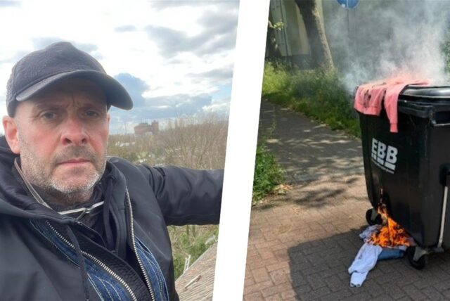 Montage eines Fotos von Thomas Schlossarek und einer brennenden Mülltonne.
