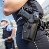 Die Dienstwaffe einer Polizeibeamtin, die vor dem Kunstmuseum steht, steckt im Holster
