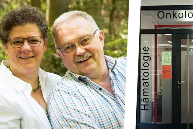 Das Foto zeigt Gudrun Pinke und Dr. Bernward Grothaus-Pinke, der vor einem Jahr plötzlich starb, sowie den Eingang zur Praxis.