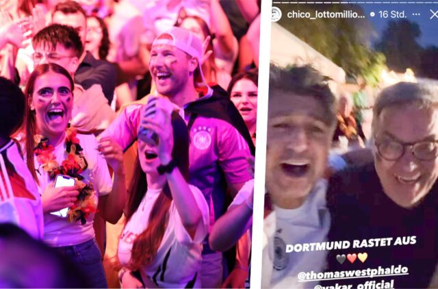 Lotto-Millionär Chico und Dortmunds OB Thomas Westphal feiern den deutschen Gruppensieg beim EM-Spiel gegen die Schweiz.