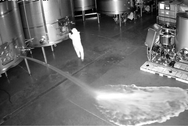 Aufnahme einer Sicherheitskamera: Im Lagerraum des Weinguts Cepa 21 Wein wird Wein verschüttet.