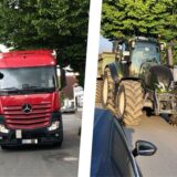 Auf dieser Montage fährt auf dem linken Bild ein Lastwagen über eine Straße, auf dem mittleren ein Traktor; auf dem rechten steht Charlotte Kuhnert aus Unna-Lünern auf dem Bürgersteig unter einem Halteverbotschild und zeigt auf die Straße.