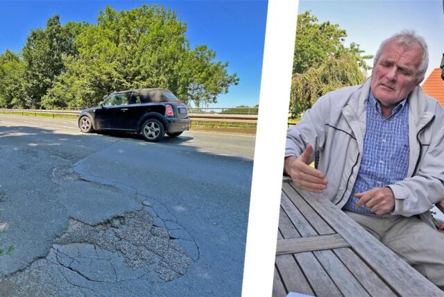 Die Montage zeigt Straßenschäden in der B1 bei Unna und den Lünerner Ortsvorsteher Werner Clodt.