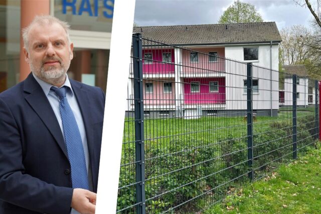 Die Bildmontage zeigt Unnas Bürgermeister Dirk Wigant und einen Teil der Erstaufnahmeeinrichtung (EAE) für Asylbewerber in Massen-Nord.