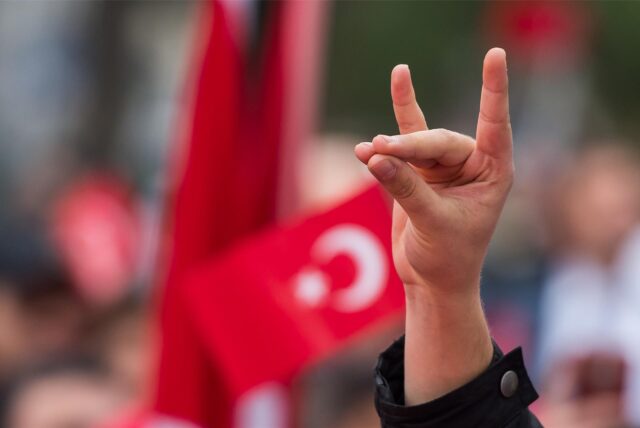 Im Vordergrund des Bildes sieht man eine Hand, die den Wolfsgruß macht. Im Hintergrund ist eine verschwommene Flagge der Türkei zu sehen.