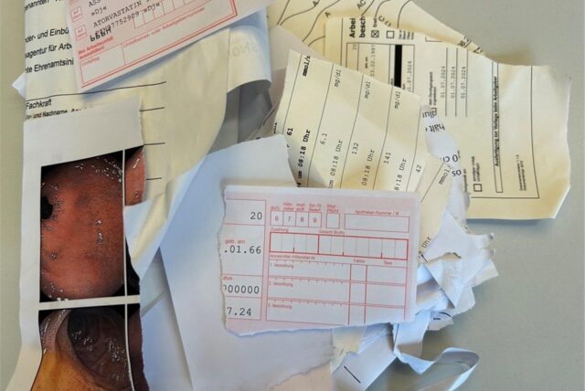 Rezepte, Überweisungen, Krankschreibungen und sogar Bilder einer Darmspiegelung lagen nur halbherzig zerrissen in der Papiertonne.