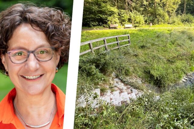 Die Montage zeigt Claudia Keuchel, Sprecherin der Fraktion Bündnis 90/Die Grünen, und einen Teil der Teichanlage im Bornekamp.