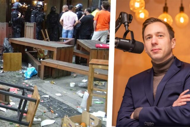 links: der zerstörte Außenbereich einer Bar in Dortmund nach einer Schlägerei vor dem EM-Halbfinale / rechts: Bastian Pietsch