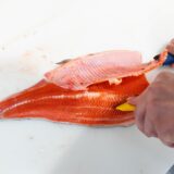 Ein Stück Lachsfleisch wird filetiert.