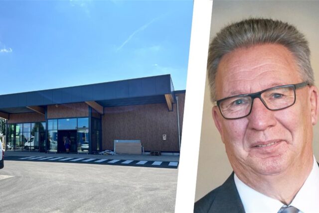 Die Bildmontage zeigt links den Edeka-Neubau an der B1 in Büderich und rechts Hemmerdes Ortsvorsteher Klaus Tibbe.
