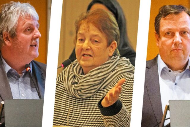 Von links sind in der Bildmontage zu sehen die Vorsitzenden der kleineren Kreistagsfraktionen in Unna Michael Klostermann (FDP), Katja Wohlgemuth (UWG/Die Linke) und Professor Johannes Hofnagel (GfL/WfU).