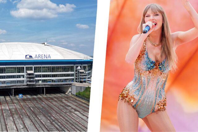 Links im Bild ist die Veltins-Arena in Gelsenkirchen, rechts im Bild Popstar Taylor Swift auf der Bühne