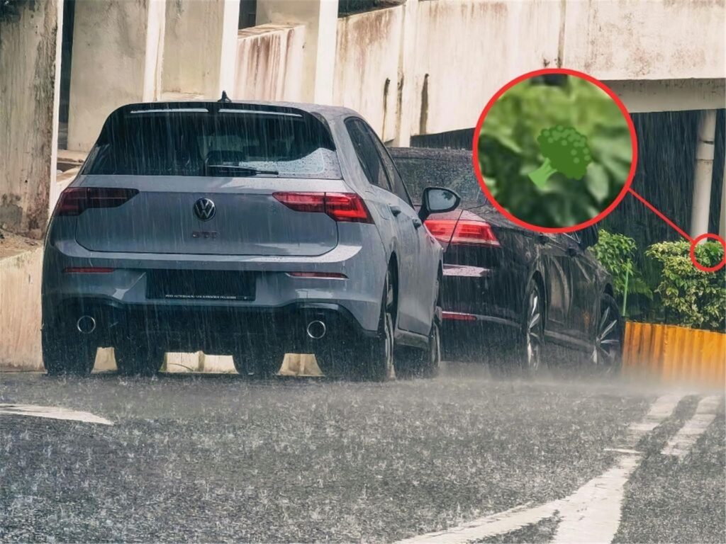Auflösung für das Suchbild mit zwei Autos auf einer verregneten Straße.