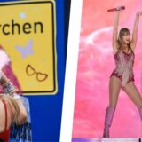 Foto-Collage: Fan mit Cowboyhut vor dem „Swiftkirchen“-Ortsschild (l.); Taylor Swift singt auf der Bühne (r.).