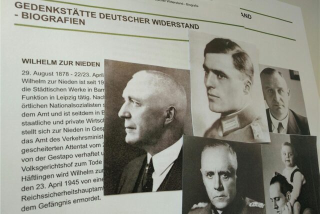 Collage mit Fotos der Widerstandskämpfer Wilhelm zur Nieden aus Fröndenberg, Graf Stauffenberg, Carl Goerdeler, Ludwig Beck und Helmuth von Moltke.