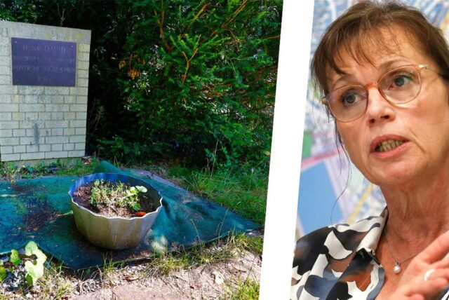 Montage mit dem verwahrlosten Gedenkstein für Henri David und der städtischen Beigeordneten Ingelore Peppmeier.
