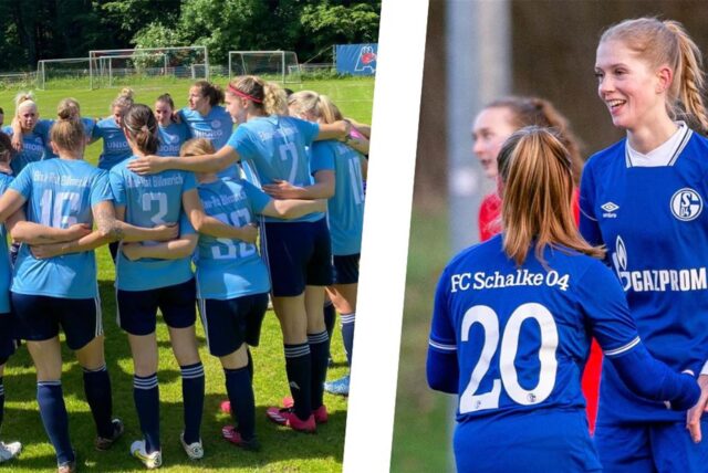 Spielerinnen stehen im Kreis. Zwei Spielerinnen feiern zusammen.