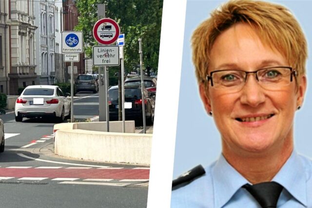 Montage aus der Fahrradstraße Bahnhofstraße in Kamen, in die Autos einbiegen und der Pressesprecherin der Polizei, Vera Howanietz.