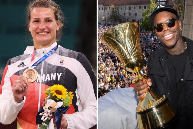 Vor den Olympischen Sommerspielen, Olympia Paris 2024, die zweiteilige Bildkombo zeigt Judoka Anna-Maria Wagner (Foto vom 29.07.2021) mit ihrer Olympia-Bronzemedaille und Basketballer Dennis Schröder.
