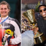 Vor den Olympischen Sommerspielen, Olympia Paris 2024, die zweiteilige Bildkombo zeigt Judoka Anna-Maria Wagner (Foto vom 29.07.2021) mit ihrer Olympia-Bronzemedaille und Basketballer Dennis Schröder.