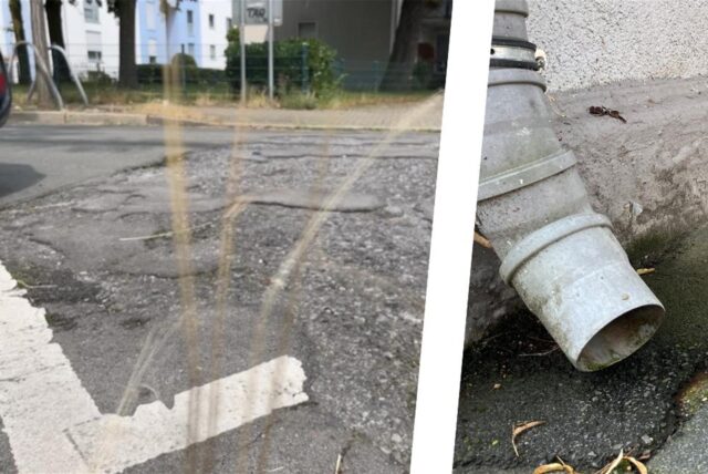 Die Bildmontage zeigt links einen kaputten Abschnitt der Straße Hellweg in Unna und rechts ein Fallrohr, was dort unmittelbar auf dem Gehweg endet.
