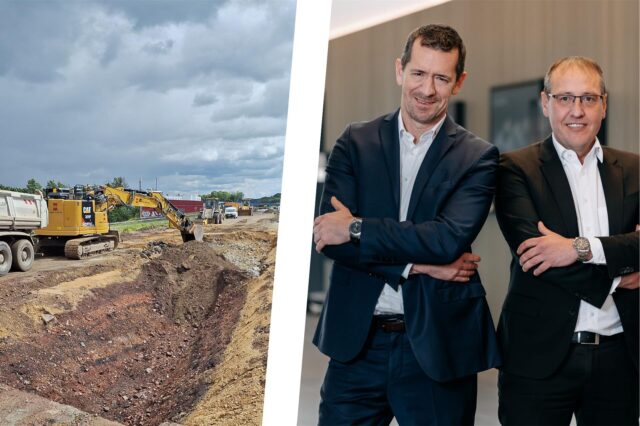Die Montage zeigt die A40-Baustelle bei Holzwickede und das Führungsduo des Unternehmens, das den Ausbau umsetzt.