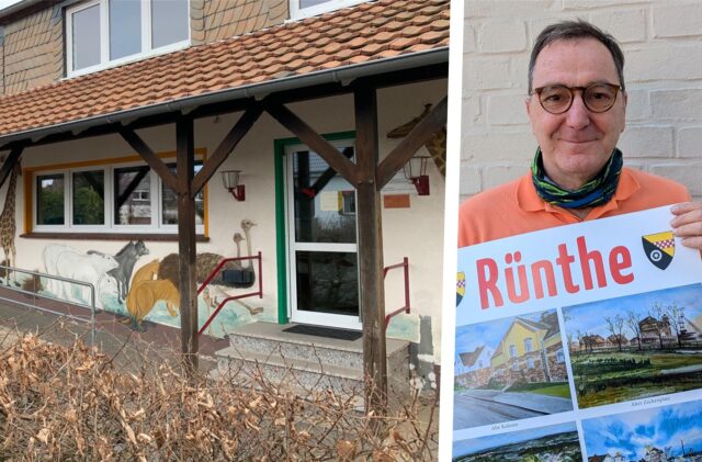 Montage: Die Außenansicht des alten Kindergartens in Bergkamen Rünthe. Rechts ein Porträt von Manuel Izdebski.