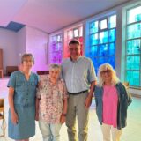 Dorothea Schäfer (v.l.), Alexandra Khariakova, Vorsteherin der Jüdischen Gemeinde, Landrat Mario Löhr und Sevgi Kahraman-Brust vom Freundeskreis der Gemeinde am Freitag im gemeinsamen Austausch.
