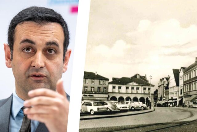Die Bildmontage zeigt ein Foto aus den 1960er-Jahren mit parkenden Autos auf dem Unnaer Markt und den FDP-Generalsekretär Bijan Djir-Sarai.