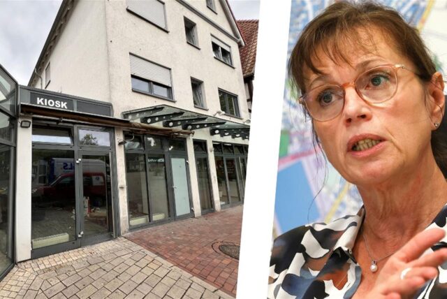 Montage aus leerstehenden Kiosk am Alten Markt und der Beigeordneten Ingelore Peppmeier.