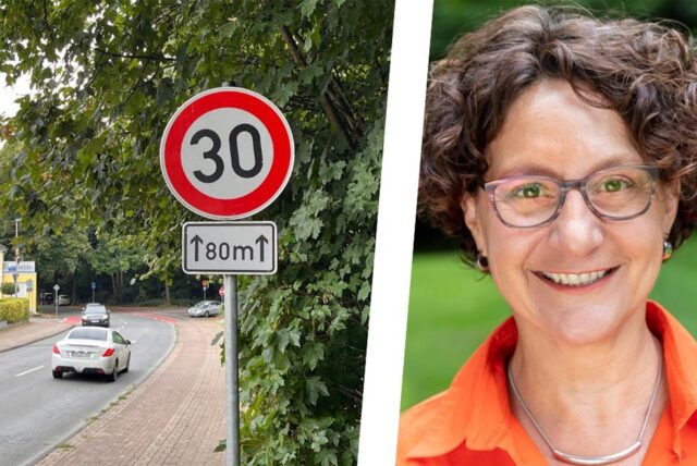 Die Montage zeigt einen Abschnitt des Kessebürener Wegs in Unna mit einem Tempo-30-Schild und daneben Claudia Keuchel, Fraktionssprecherin von Bündnis 90/Die Grünen.